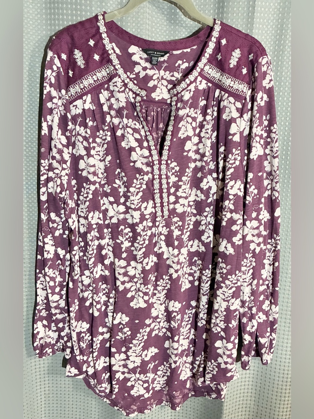 Lucky Brand Purple Floral Embroidered Long-Sleeve Peasant Top Sz 2X Relaxed Fit
